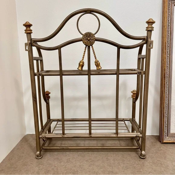 Vintage metal 2 tier wall table shelf gold brass tones tassels gorgeous like new - Picture 10 of 15